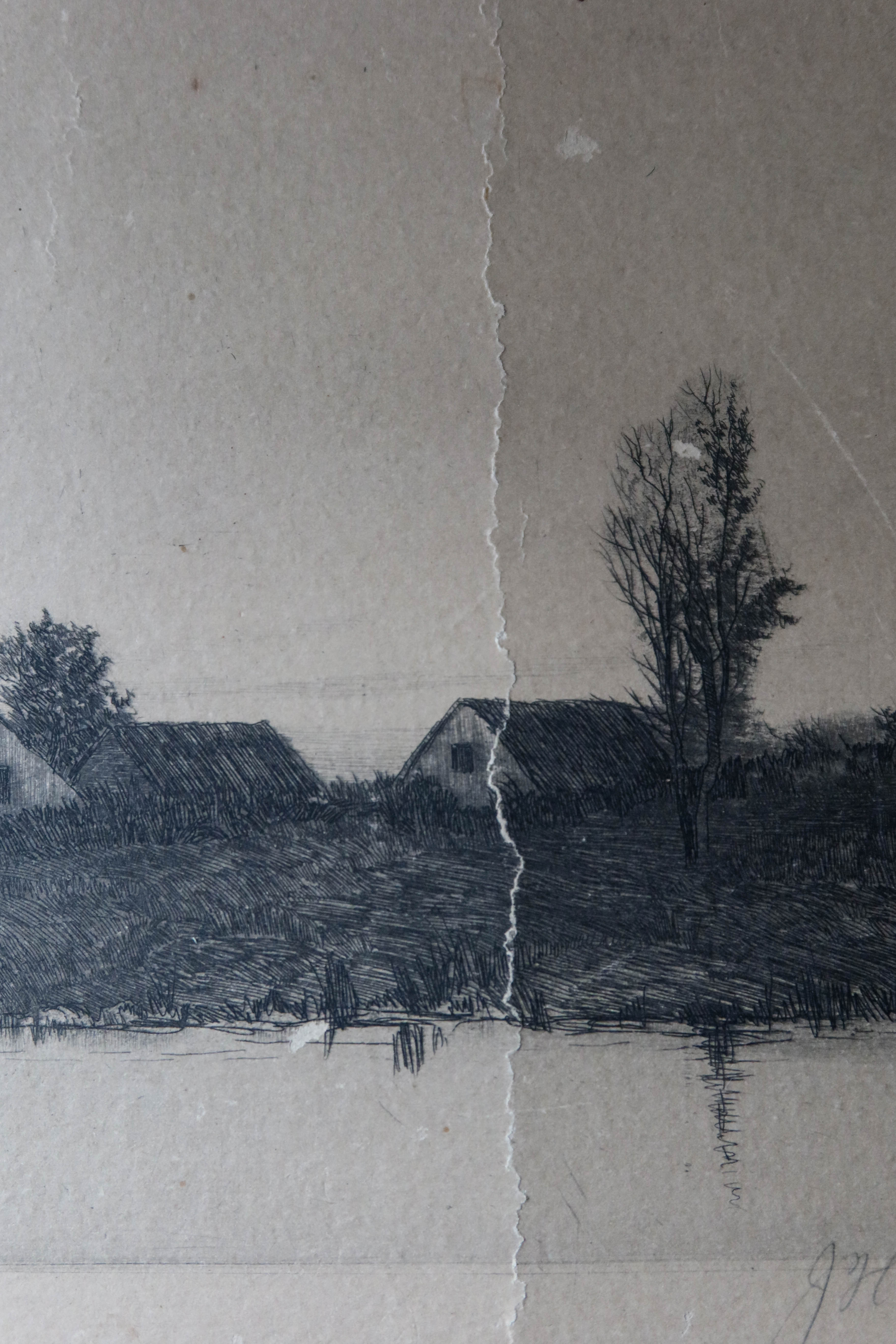 Antique 1890 Countryside Etching by Alfred J. Haller