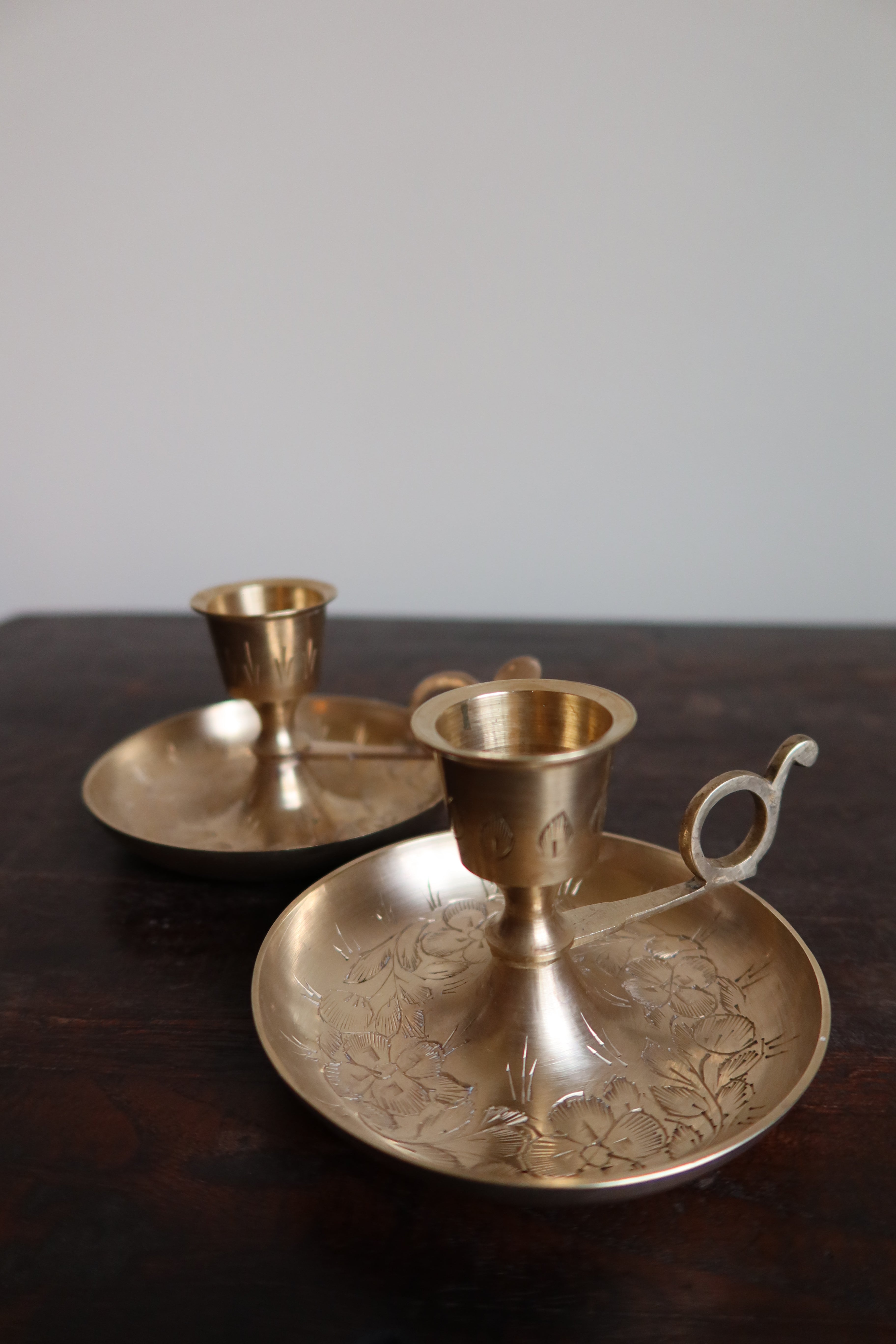 Floral etched brass chamber candlestick - set of 2