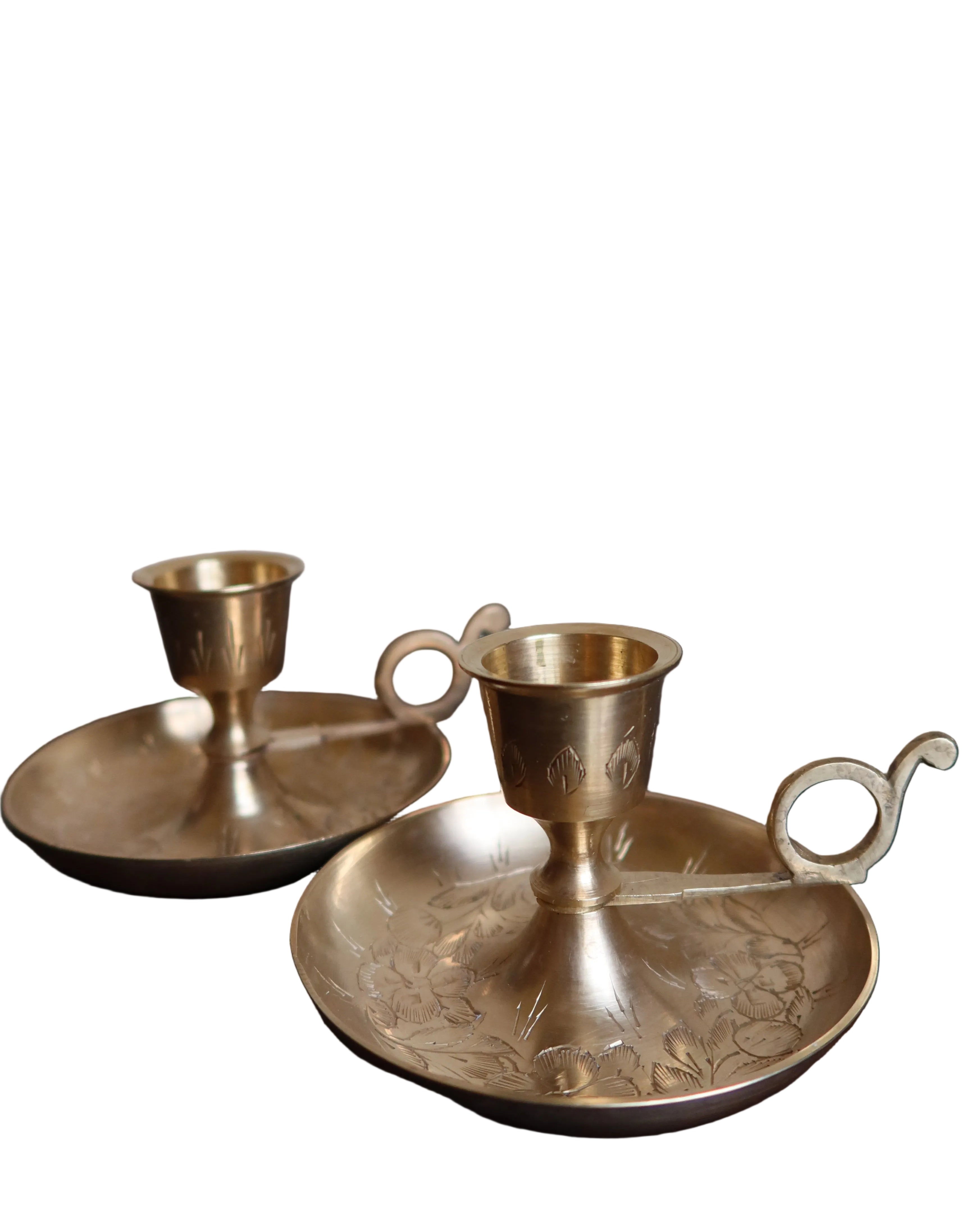 Floral etched brass chamber candlestick - set of 2