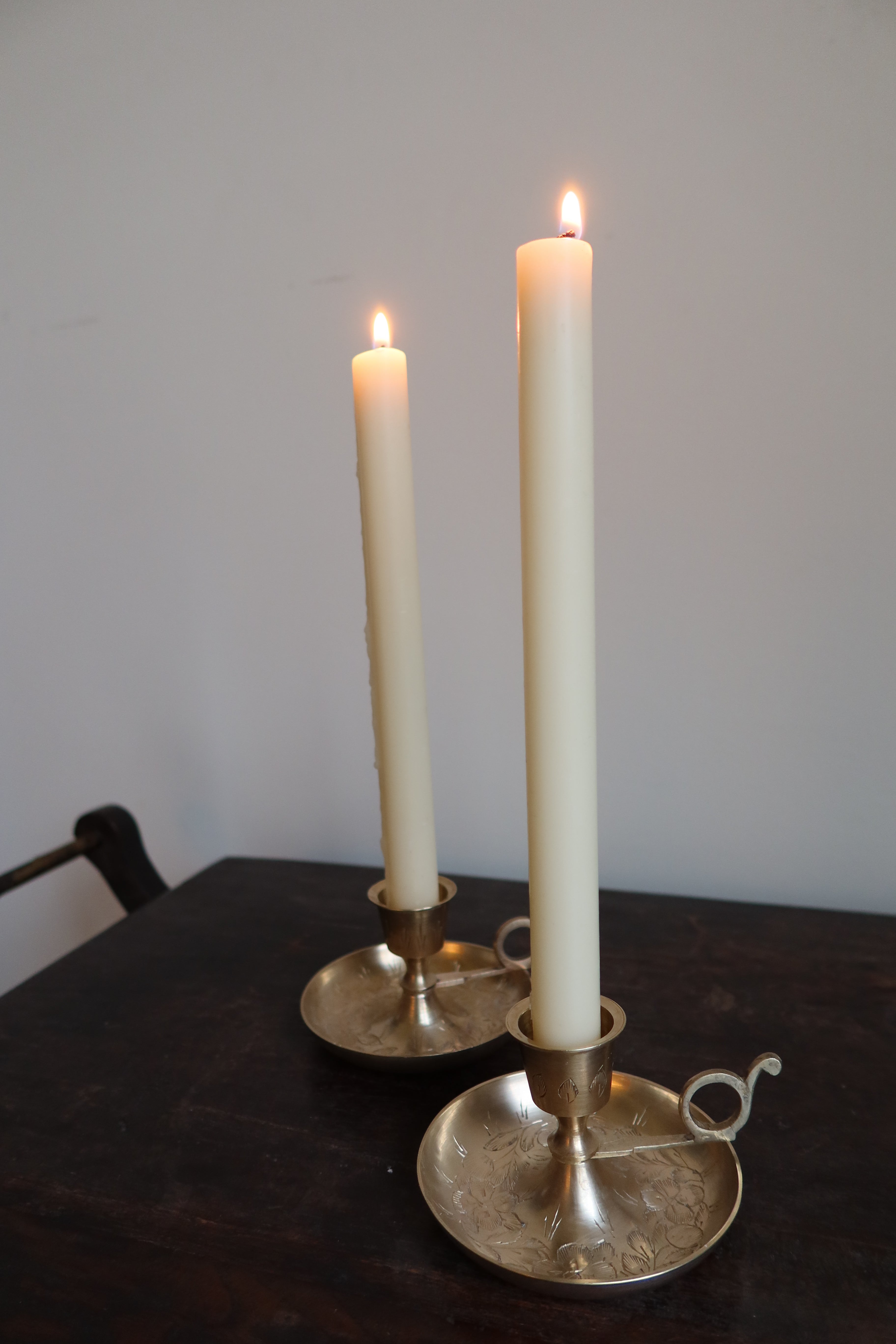 Floral etched brass chamber candlestick - set of 2
