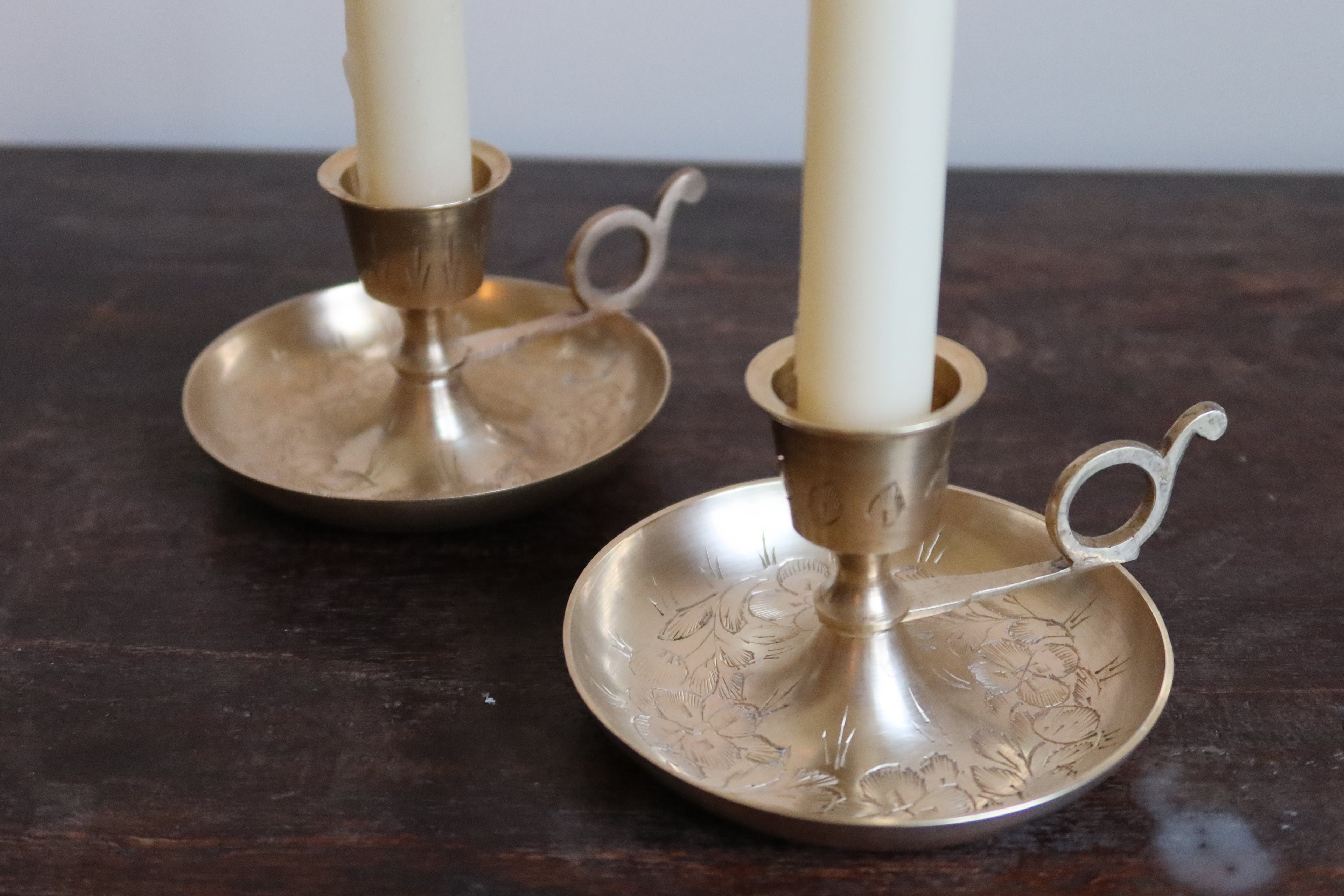 Floral etched brass chamber candlestick - set of 2