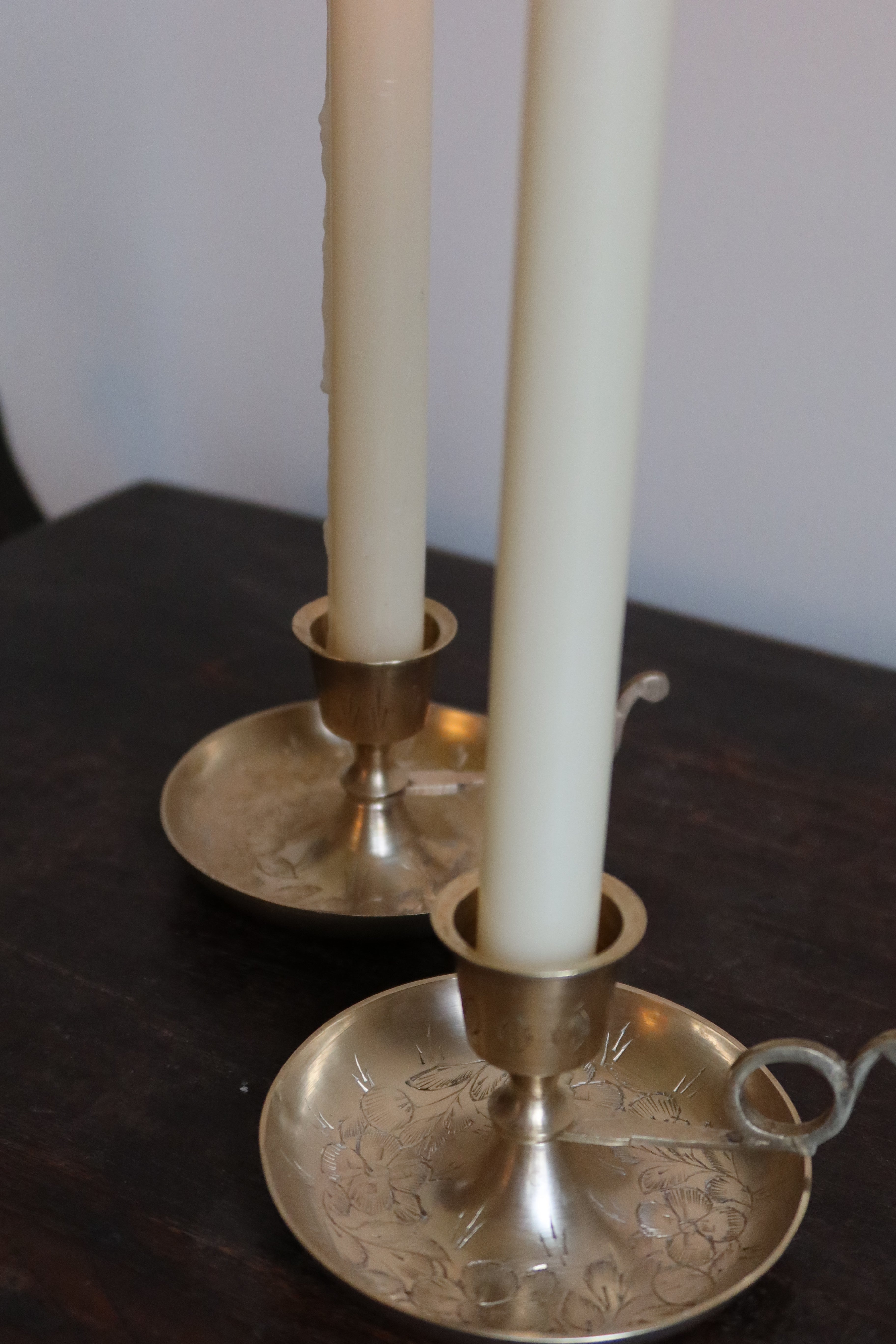 Floral etched brass chamber candlestick - set of 2